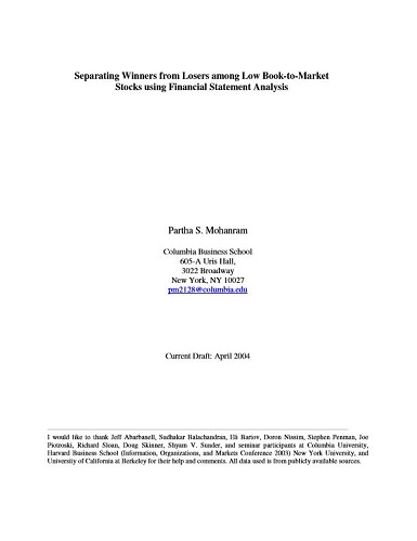 Separating Winners from Losers among Low Book-to-Market Stocks using Financial Statement Analysis by Partha Mohanram